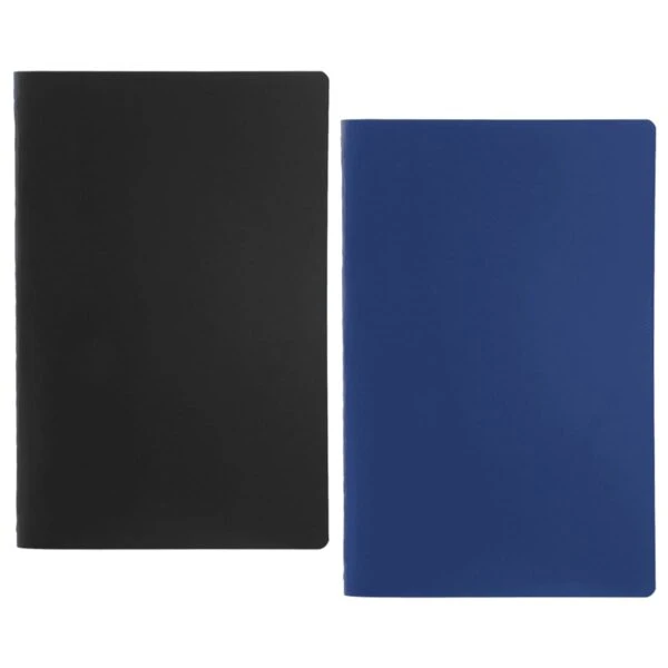 Two closed notebooks are shown, one with a black cover and the other with a blue cover, both standing upright against a plain white background.