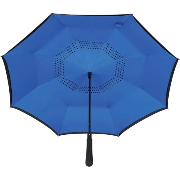 A blue inverted umbrella viewed from above, featuring a black handle at the bottom and a pattern of small circular holes forming a hexagon around the central structure. The black edges contrast with the vibrant blue canopy.