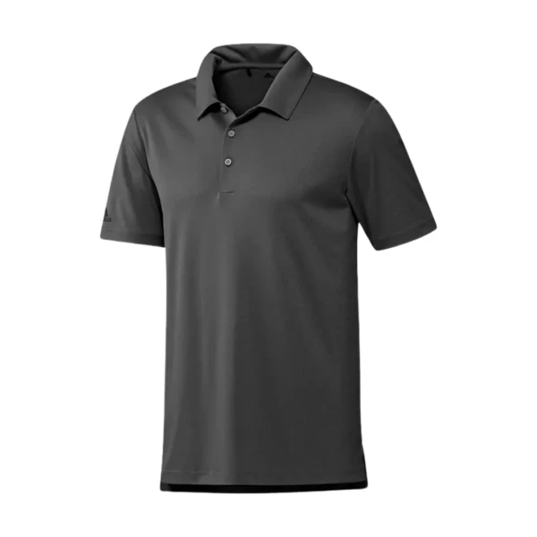 Adidas Golf Heathered Mens Polo: dark gray, short sleeves, three buttons.