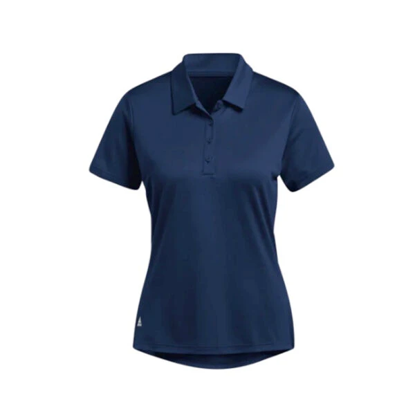Adidas Performance Women's Polos in navy blue with short sleeves, shown on white background.