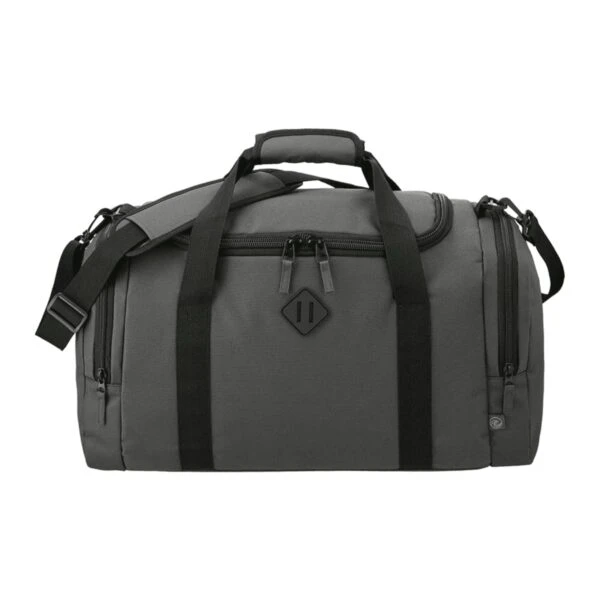 A gray duffel bag with black straps is shown. It has a main zipper compartment, a front zippered pocket, and side pockets. Theres a handle on top and an adjustable shoulder strap attached to the sides.