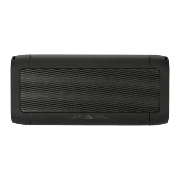 A black rectangular portable speaker with a perforated front panel and rounded edges, designed for outdoor use. Subtle mountain designs are visible at the bottom.