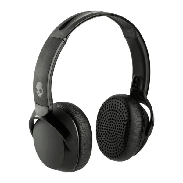 A pair of black over-ear headphones with cushioned ear pads and a sleek headband. One side features a small skull logo. The headphones have a modern and minimalist design.