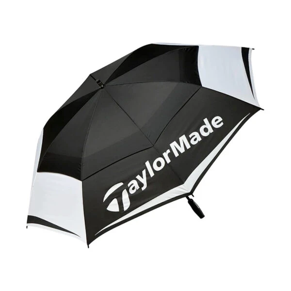 Black and white Taylormade Double Canopy Umbrella with bold logo on the canopy.