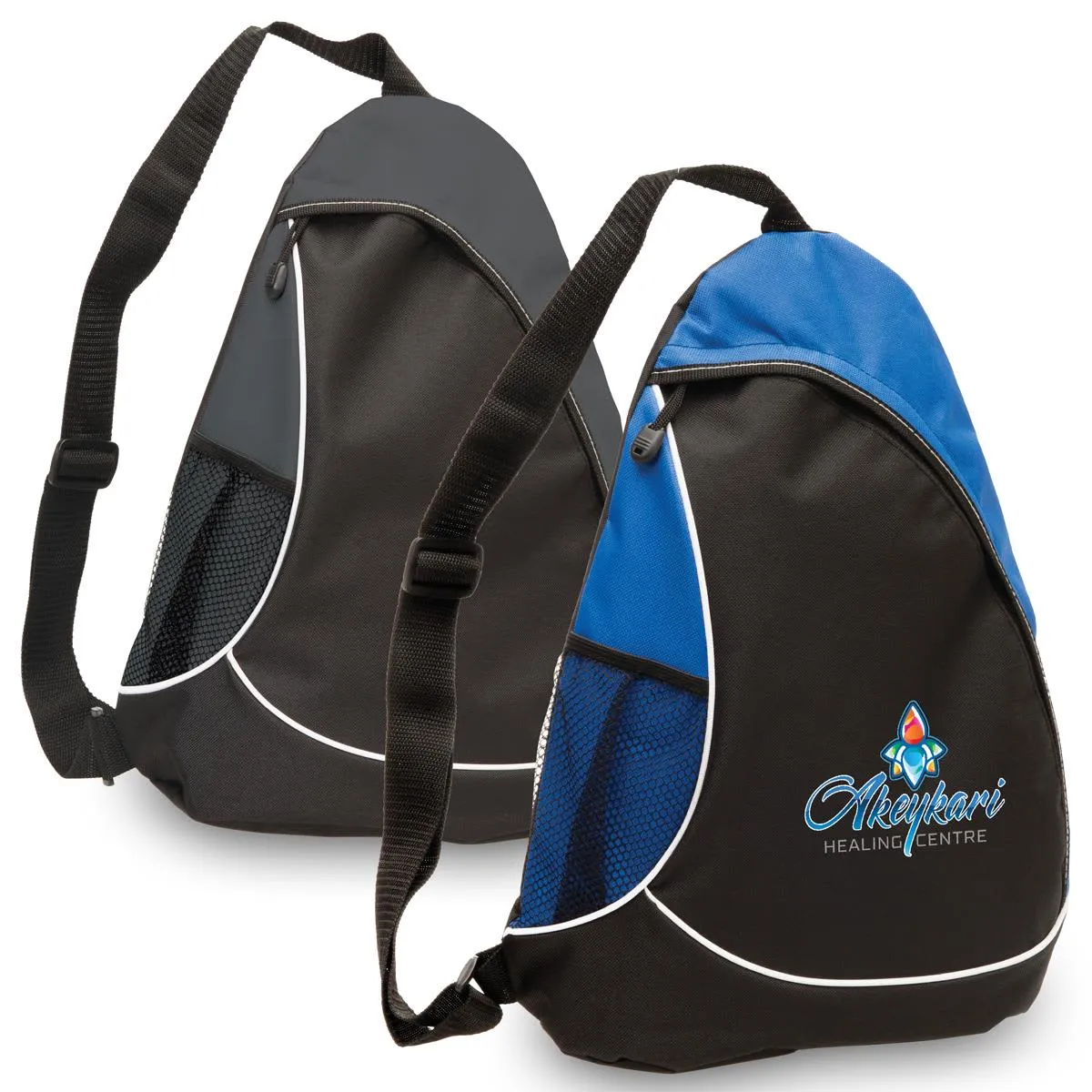 Two sling backpacks, one gray and one blue, with side mesh pockets and shoulder straps.