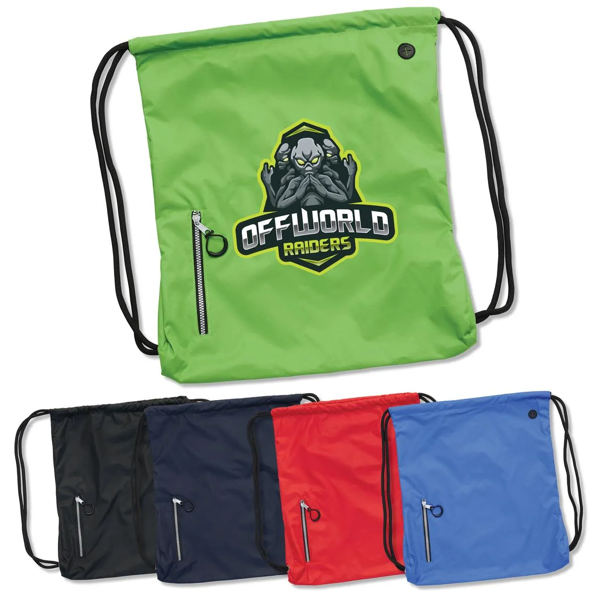 Five drawstring bags in different colors, with one green bag showing Offworld Raiders logo.