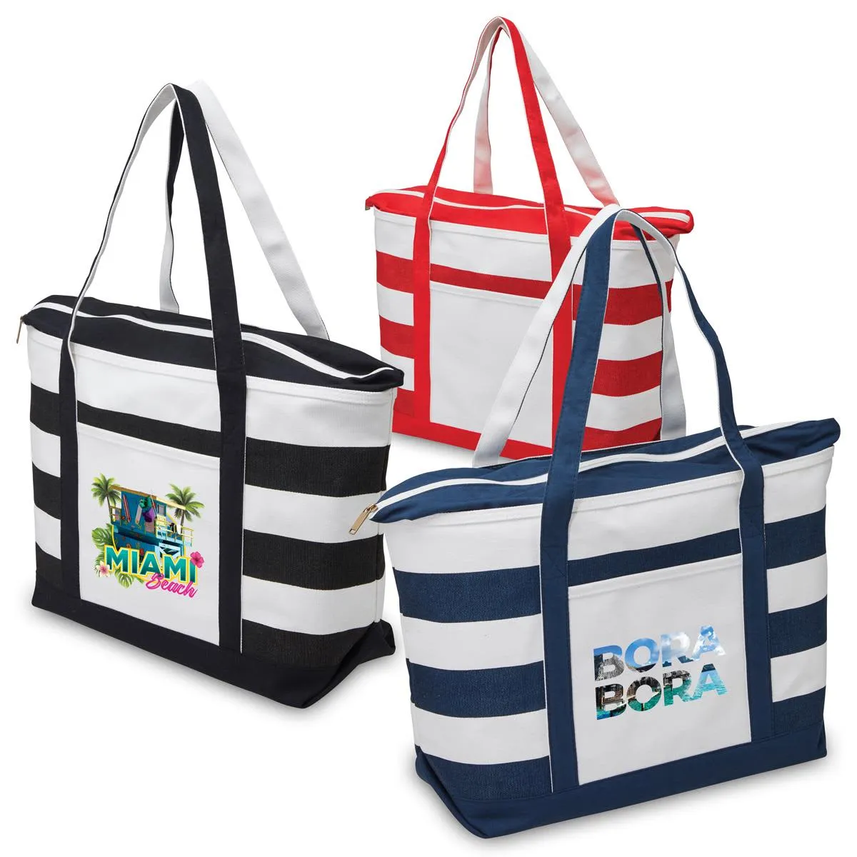 Three striped tote bags in black, red, and blue with beach-themed designs on the front.