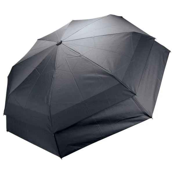 A large, fully opened black umbrella against a white background.