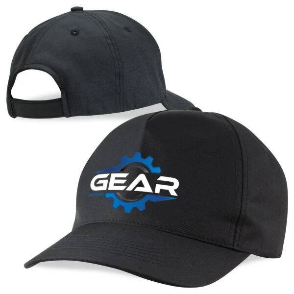 Black cap with GEAR logo and blue gear graphic, shown from front and back views.
