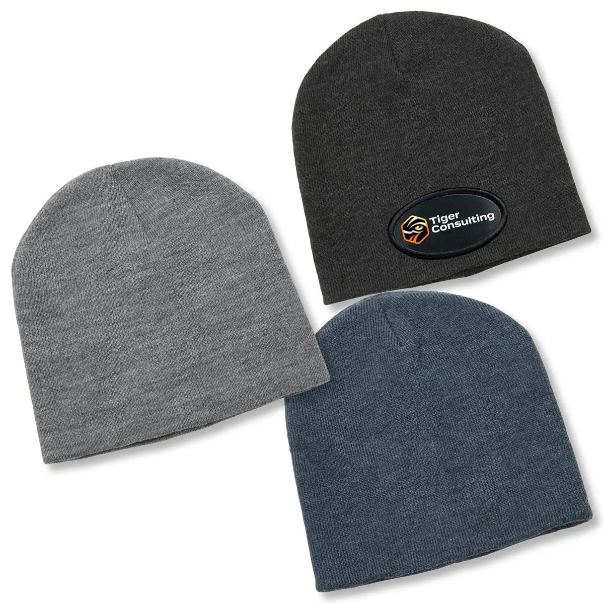 Three knit beanies: one gray, one blue, one black with a Tiger Consulting logo patch.