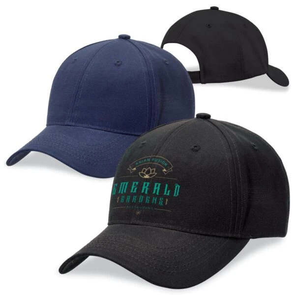 Three baseball caps: one navy, one plain black, and one black with an Emerald Gardens logo.