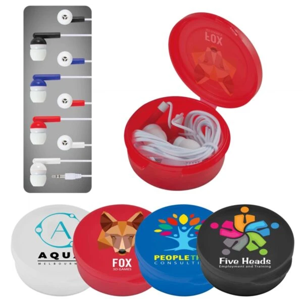 Colorful earbuds with branded round cases in various designs.