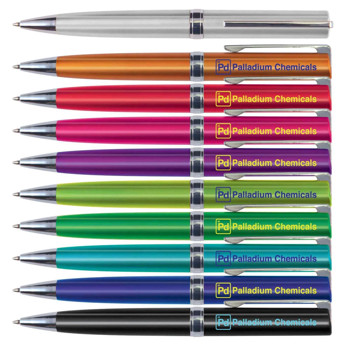 Ten colorful pens lined up vertically, each labeled Palladium Chemicals.