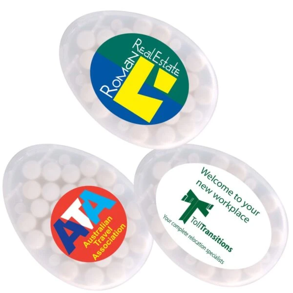 Three branded containers with logos and text containing small white mints.