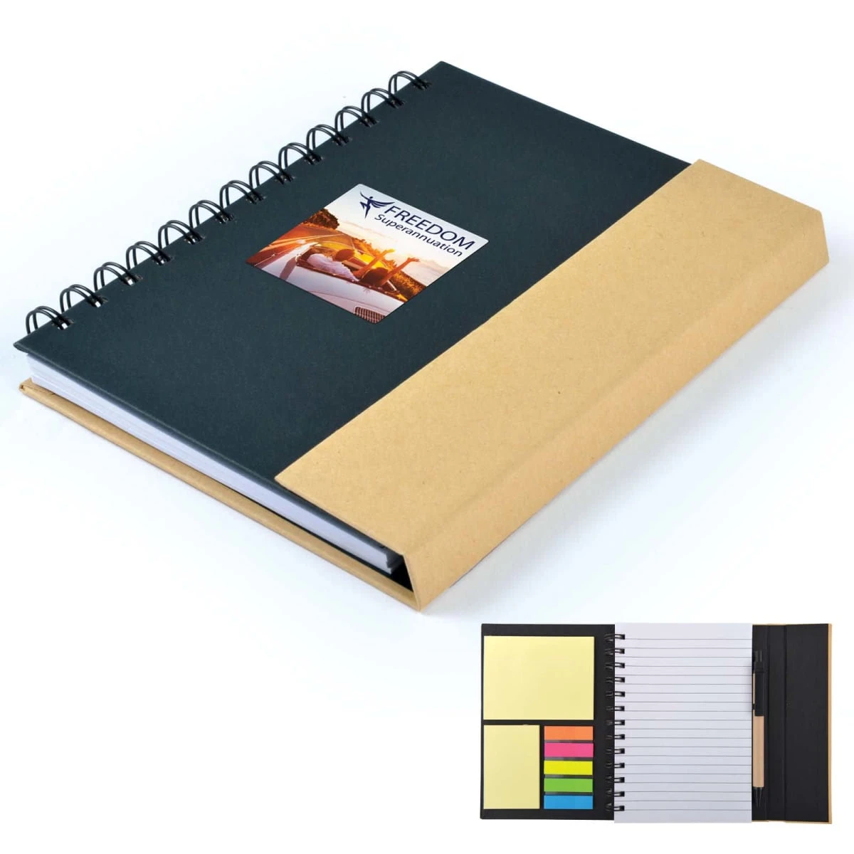 Black spiral notebook with a brown spine and sticky notes inside.