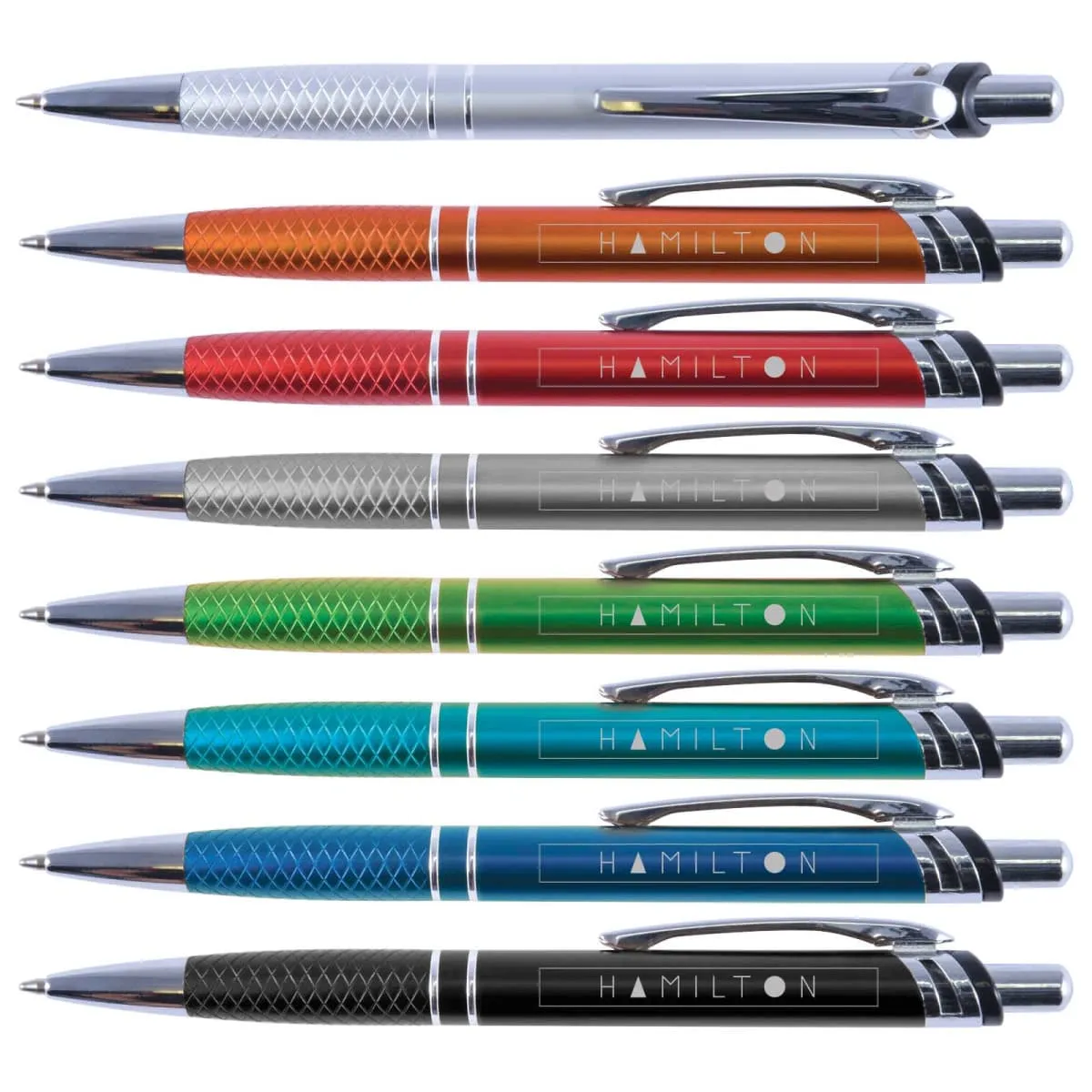 Eight colorful ballpoint pens with grip patterns and Hamilton branding, arranged in parallel.