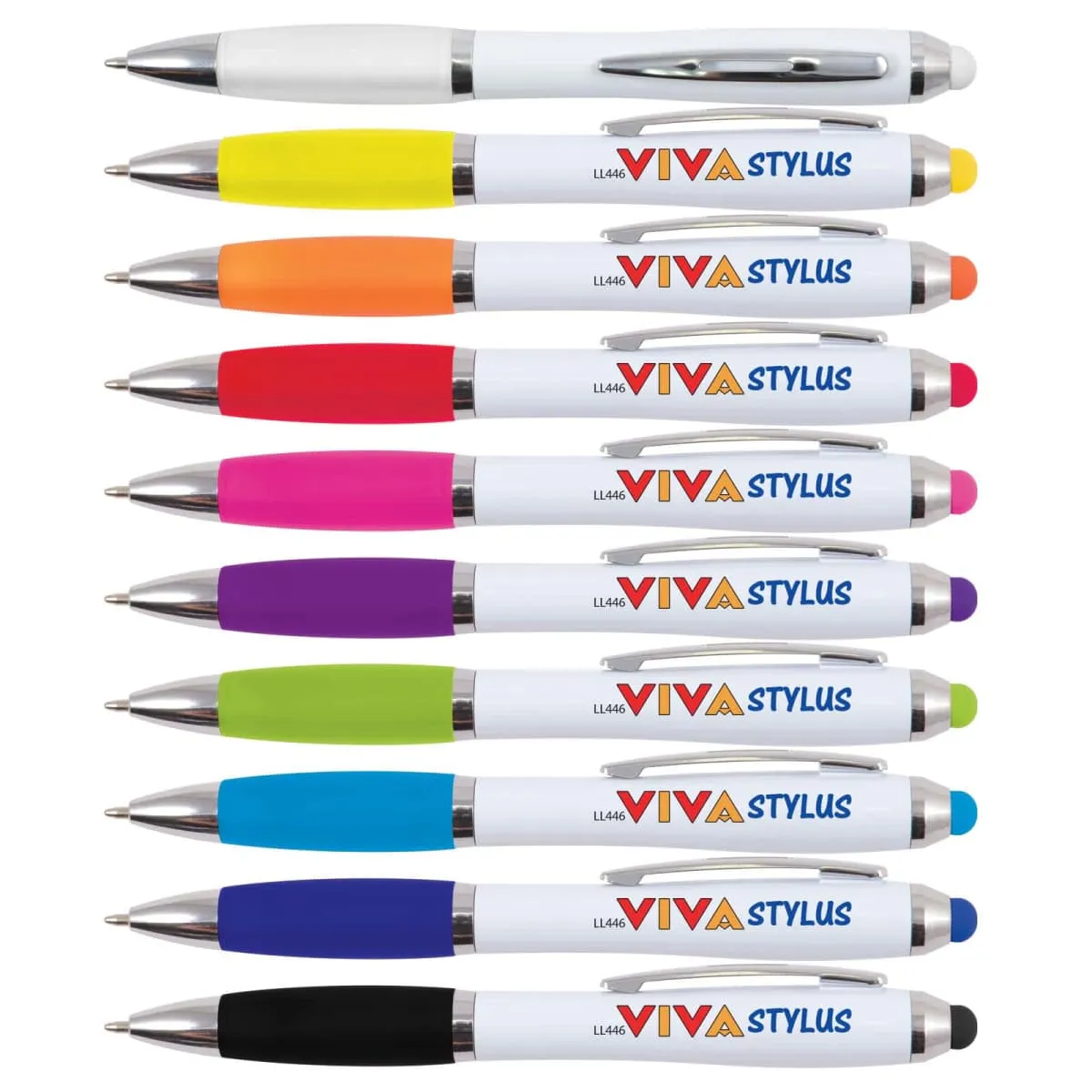 Nine colorful stylus pens with VIVA Stylus branding, aligned side by side.