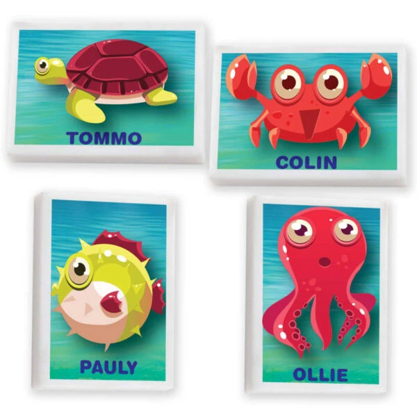Cartoon sea creatures: turtle, crab, pufferfish, and octopus named Tommo, Colin, Pauly, and Ollie on blue backgrounds.