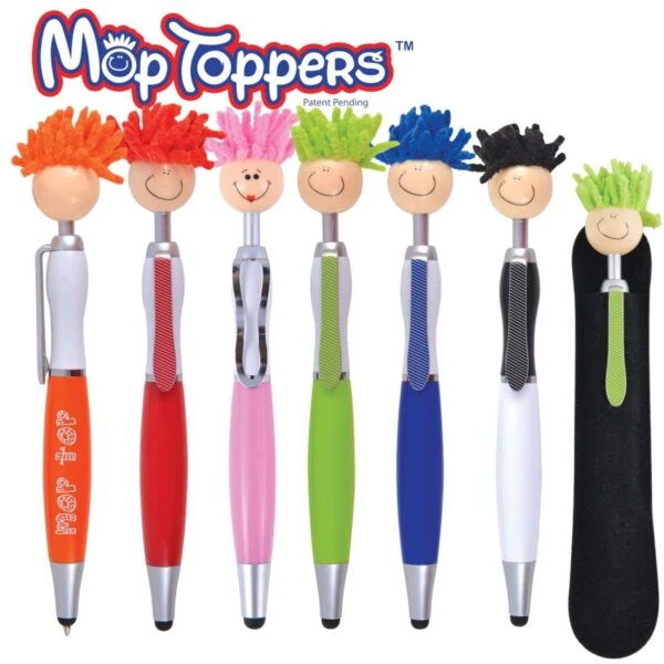 Set of colorful pens with smiling faces and mop-like hair, branded Mop Toppers, each with a unique design.