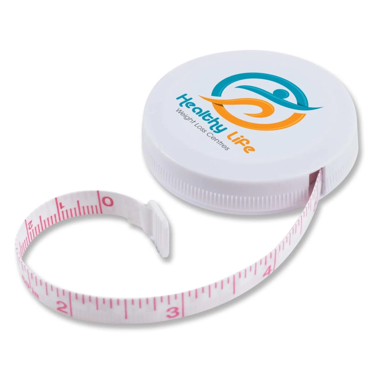 LL496 White round tape measure with Healthy Life Weight Loss Center logo in blue and orange on the case. The measuring tape is partially extended, showing pink centimeter markings.