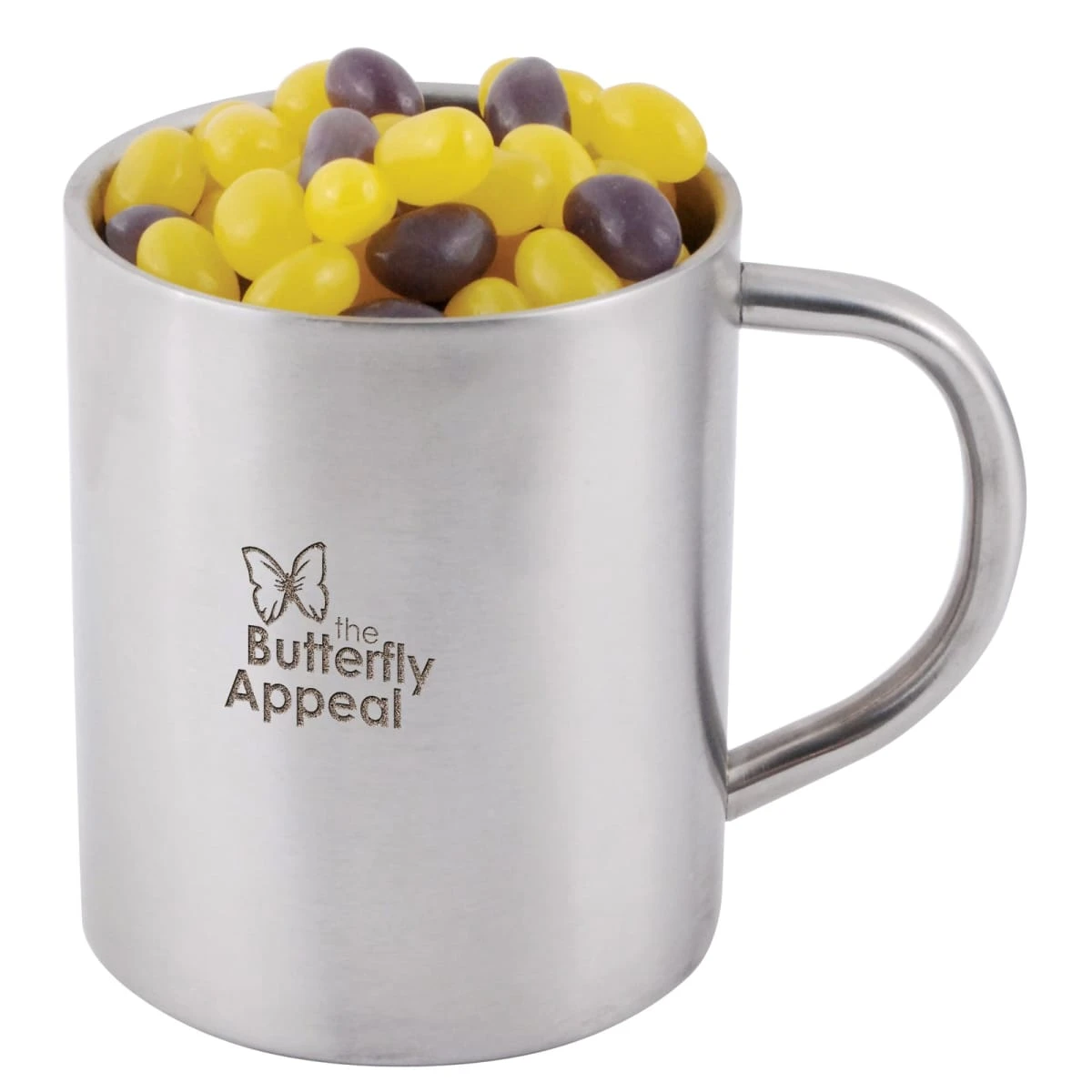 Metal mug with the Butterfly Appeal logo, filled with yellow and purple jelly beans.