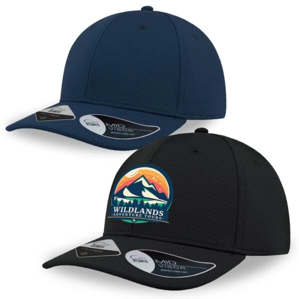 Two mesh baseball caps, one navy and one black with a mountain logo and Wildlands text.