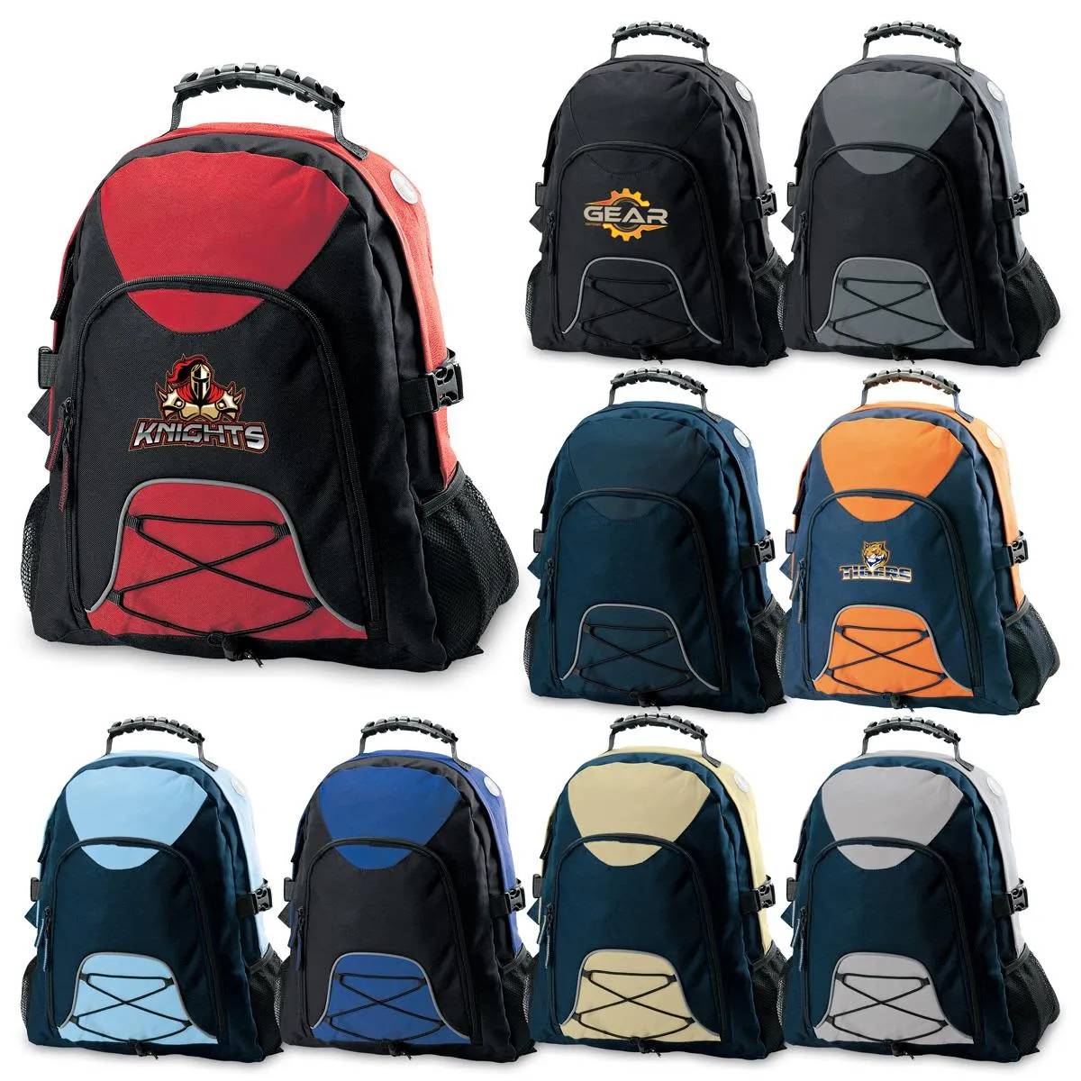 Eight backpacks in various colors, some showing different logos on the front pocket.