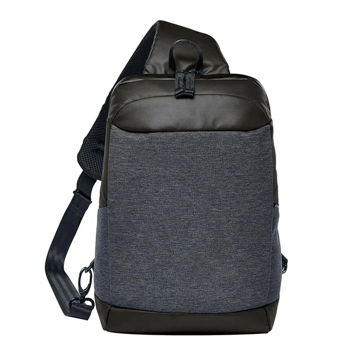Gray and black sling backpack with a single shoulder strap and front pocket.