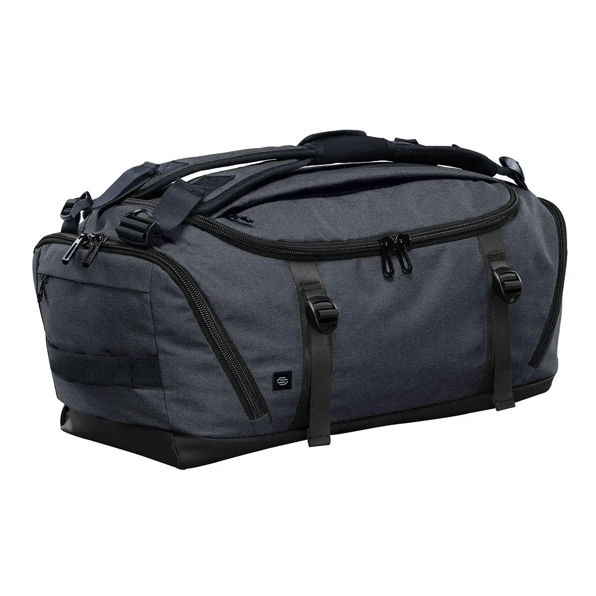 Dark gray duffel bag with black straps and zippers on a white background.