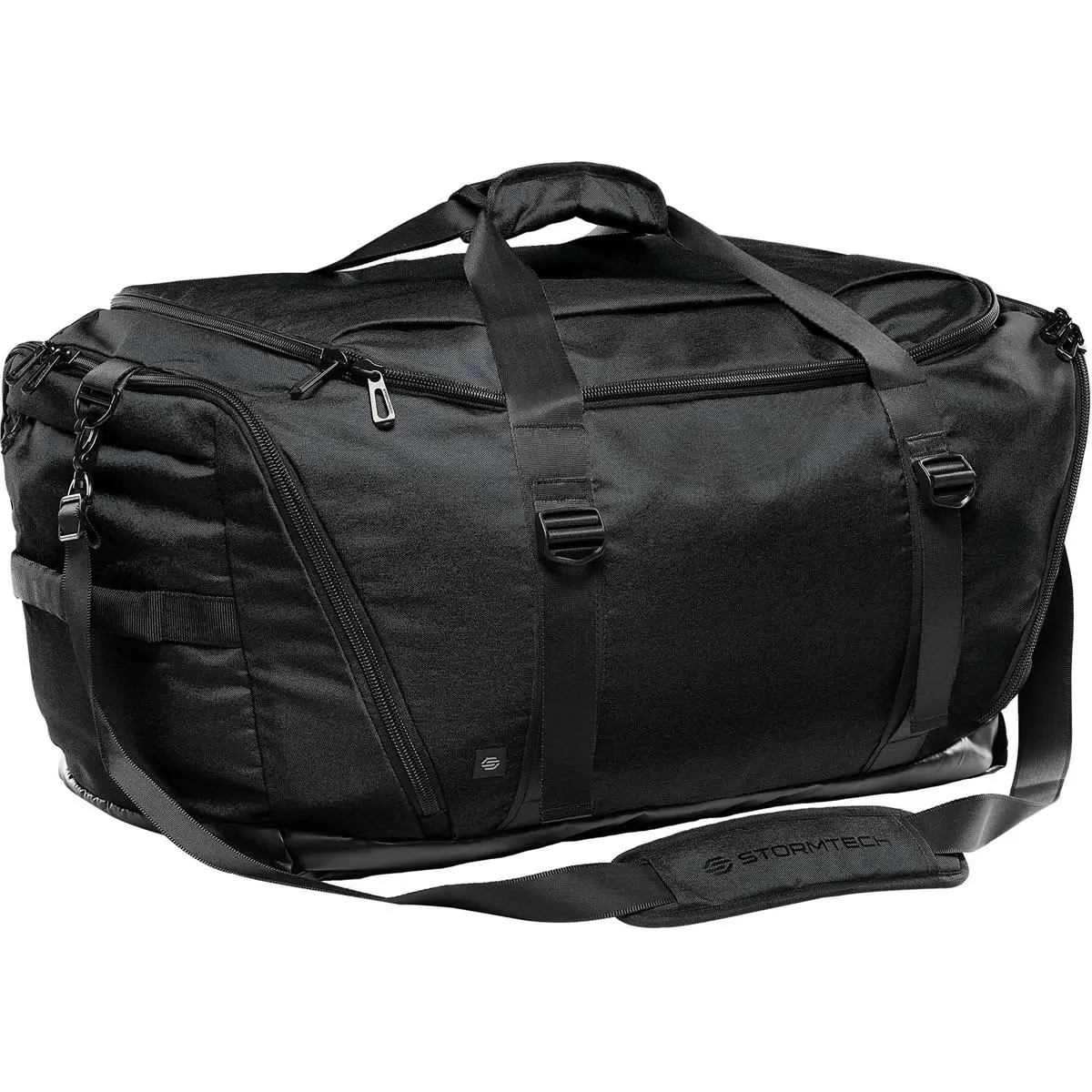 Black duffel bag with handles, zipper pockets, and an adjustable shoulder strap.