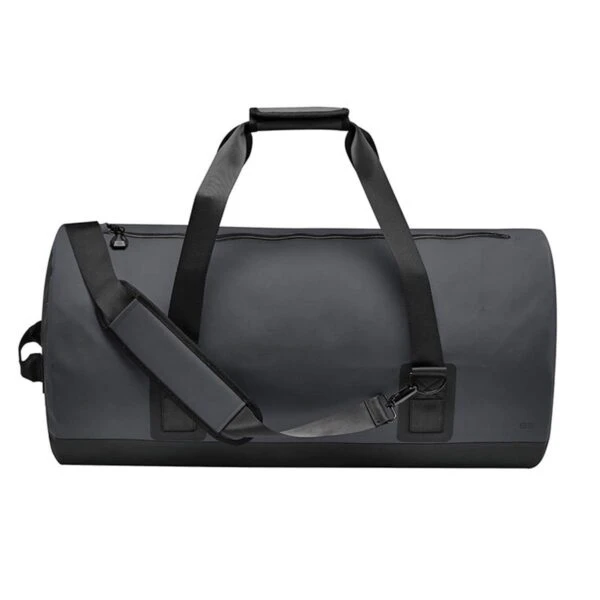 Black duffel bag with shoulder strap and handles, placed on a white background.