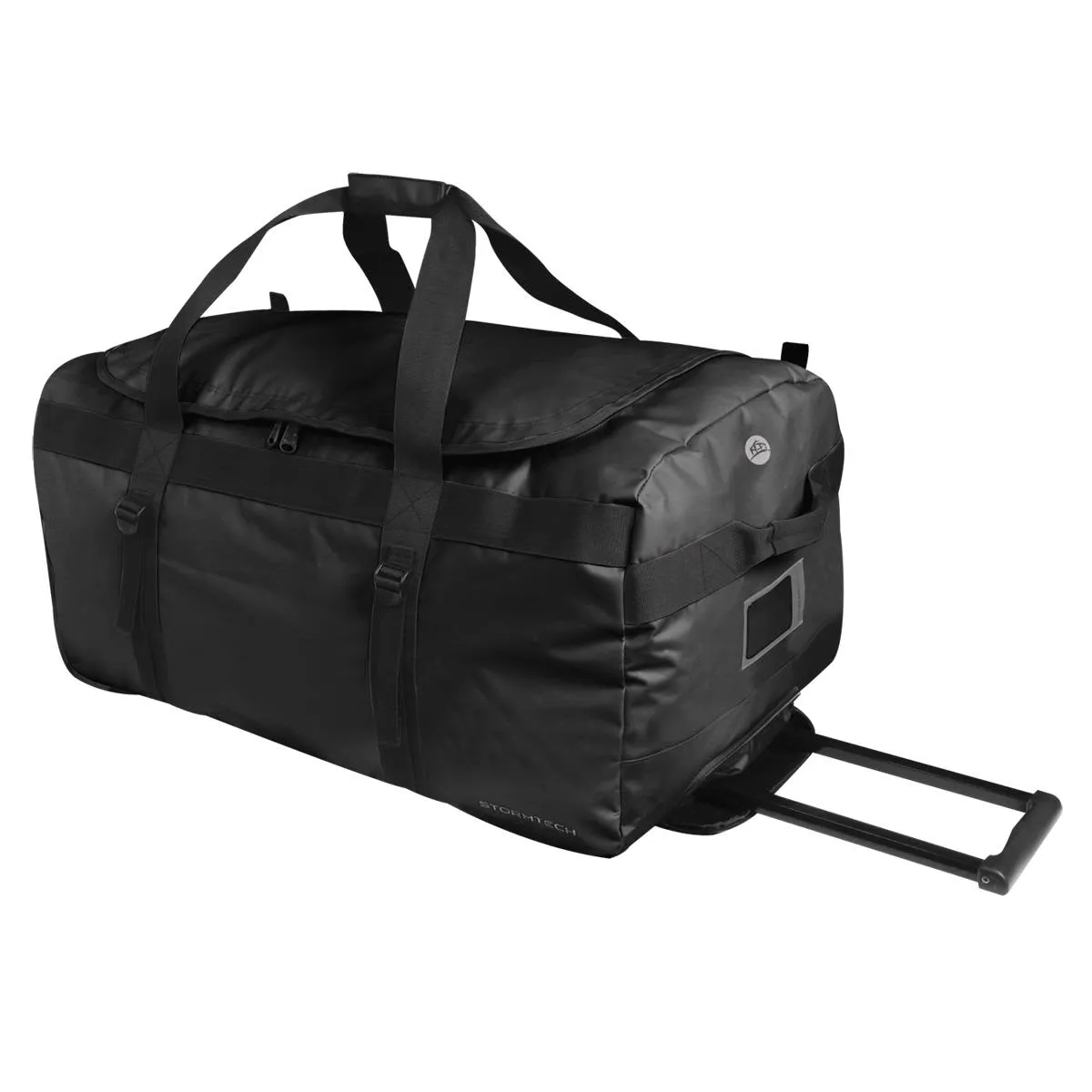 Large black duffel bag with handles and a retractable handle for rolling.