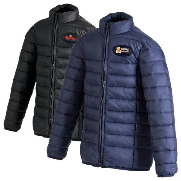 Two puffer jackets, one black and one navy, each with a small logo on the chest.