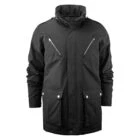 Black hooded jacket with zippered chest pockets and buttoned front pockets, displayed on white.