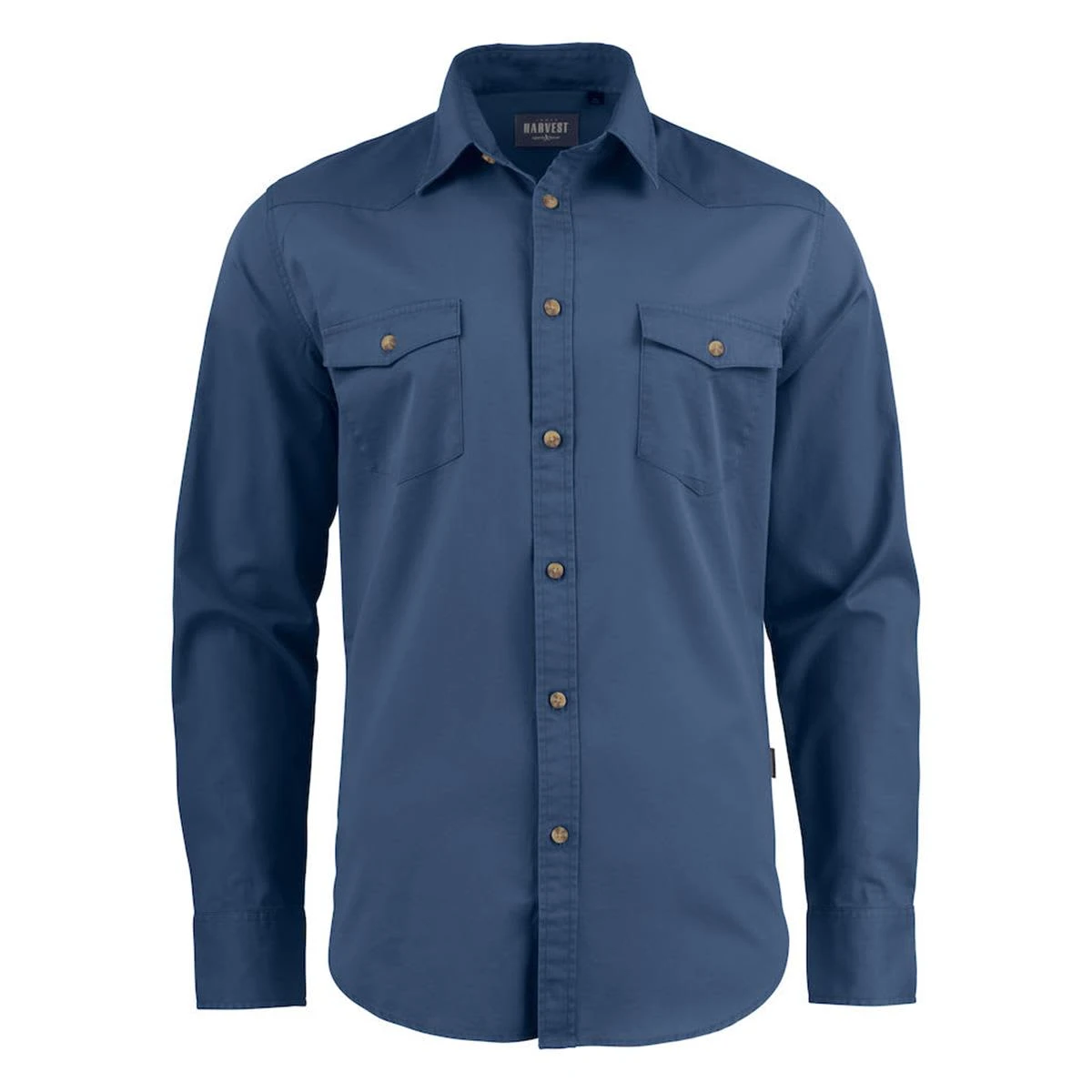 jh308_-_image_24 Long-sleeve blue button-up shirt with two front chest pockets and a collar.