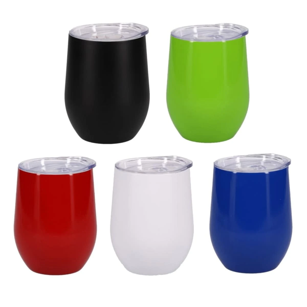 Five colored tumblers with clear lids: black, green, red, white, and blue.