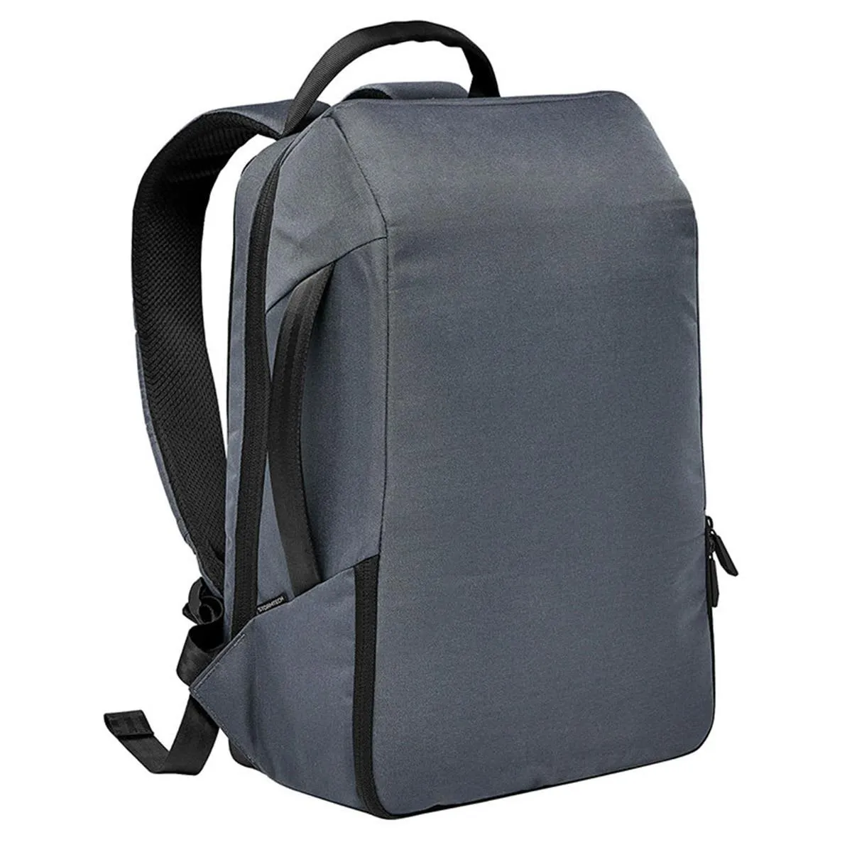 A plain, modern gray backpack with black straps and a zippered side pocket.
