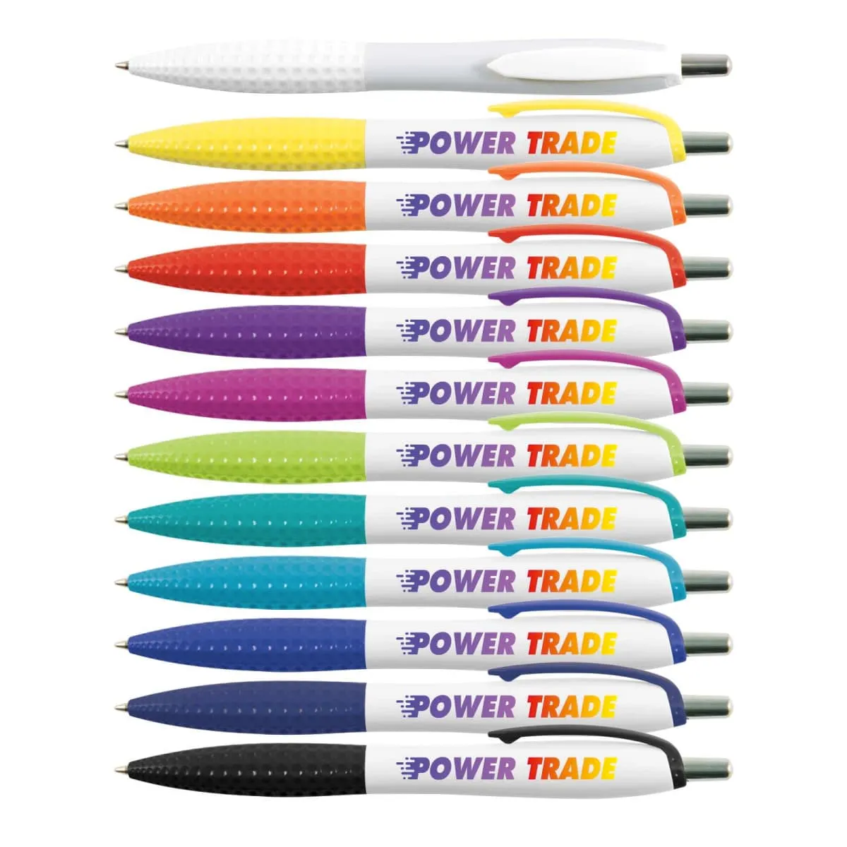 A collection of twelve colorful pens arranged in two vertical rows. The pens have white caps and ends, with POWER TRADE written on the barrels in purple and yellow. The grips are in various colors including red, blue, green, and black.