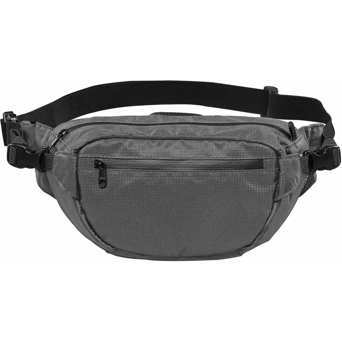 Gray waist pack with black adjustable strap and zippered front pocket, shown on a white background.