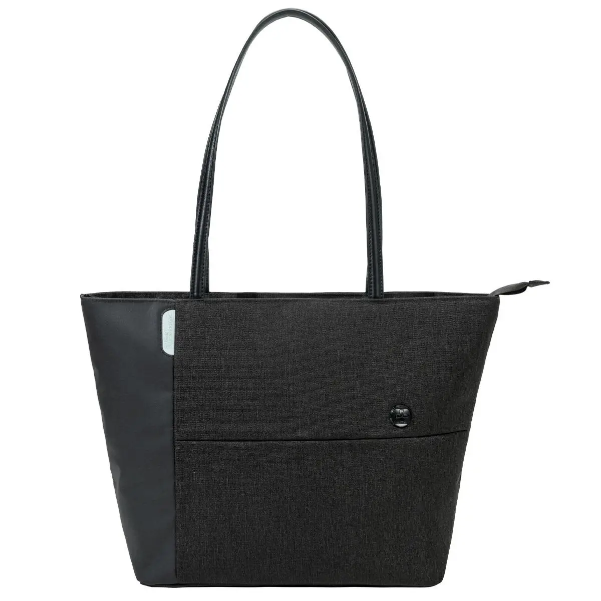 Black tote bag with two handles and a front pocket against a white background.