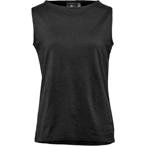A sleeveless black tank top on a white background.
