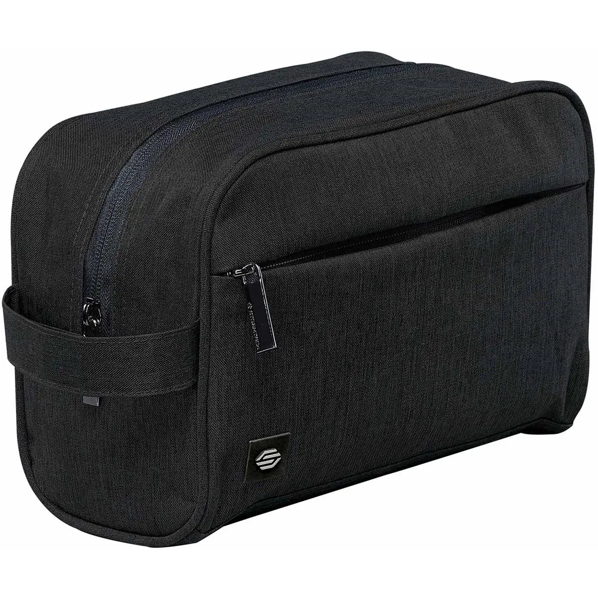 Black toiletry bag with a front zipper pocket and side handle.