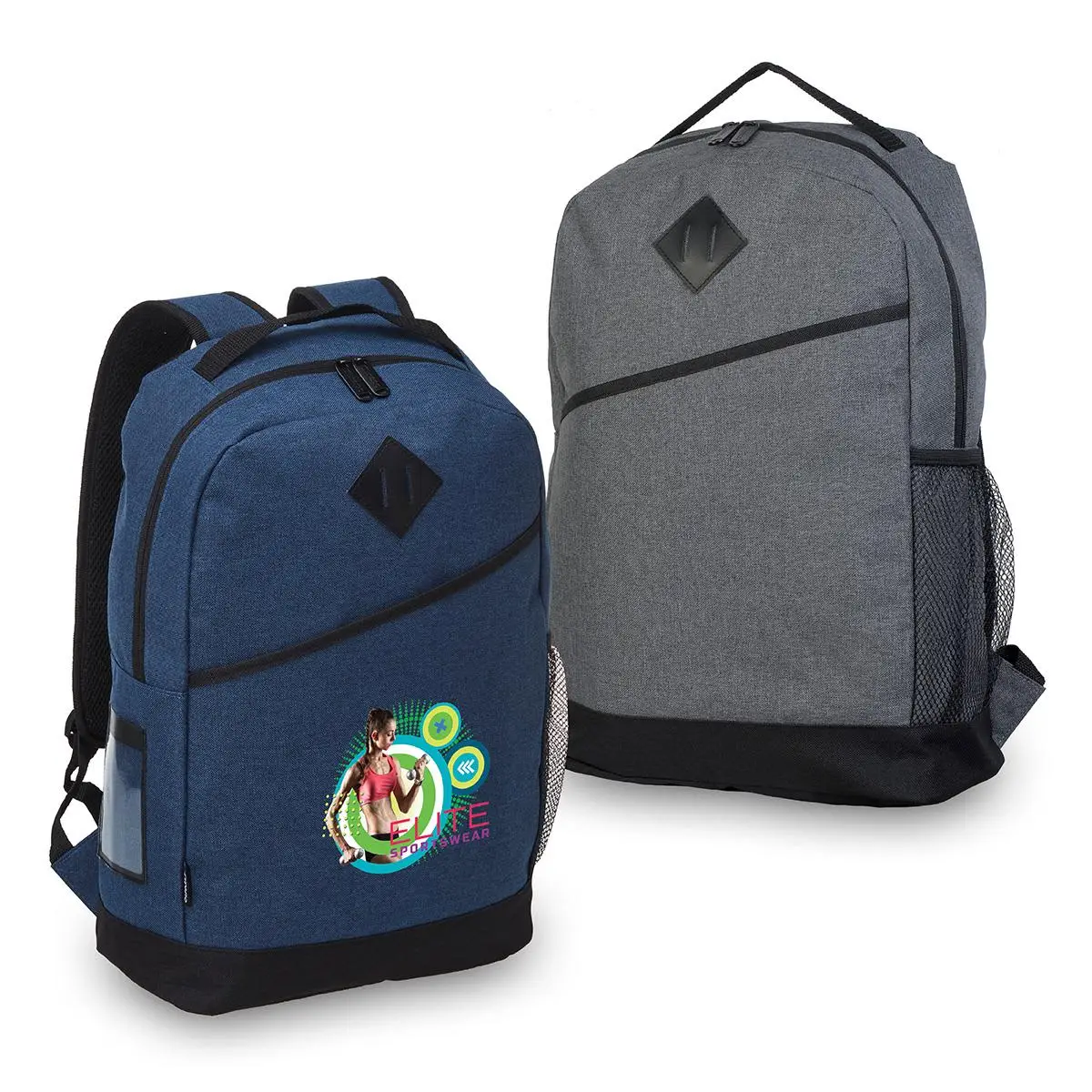 Two backpacks: one blue, one gray, with a logo on the blue one.
