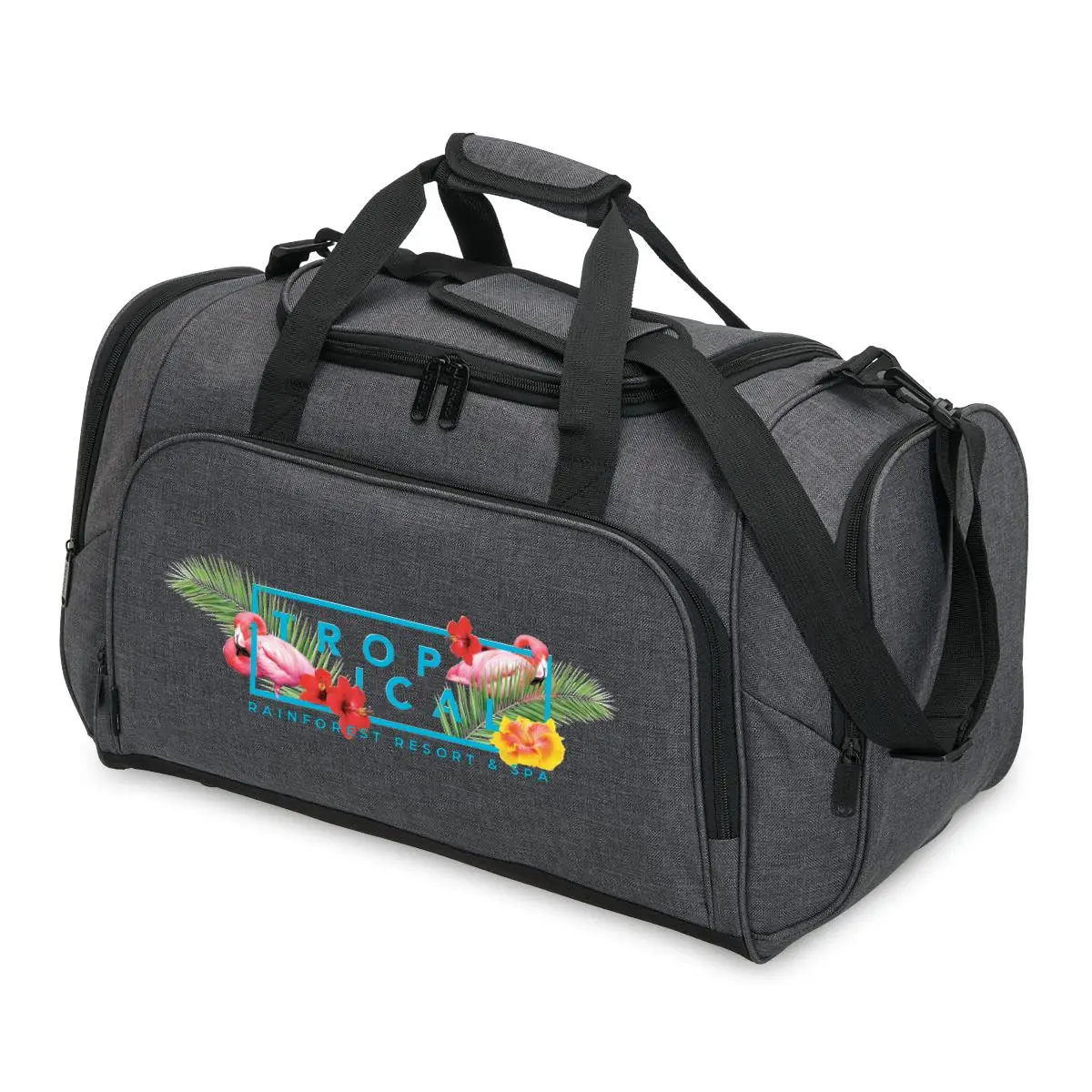 Gray duffle bag with tropical flamingo print and black straps.