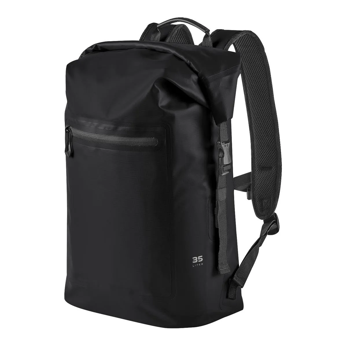 Black waterproof backpack with padded straps and a front zipper pocket.
