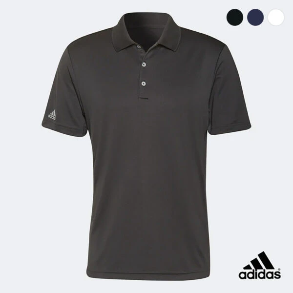 Adidas Mens Recycled Performance Polo Shirt, dark gray, short sleeves, 3 buttons, logo on sleeve.