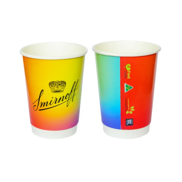 Two Biodegradable Paper Cup Coffee cups with Smirnoff logo, shown front and back.