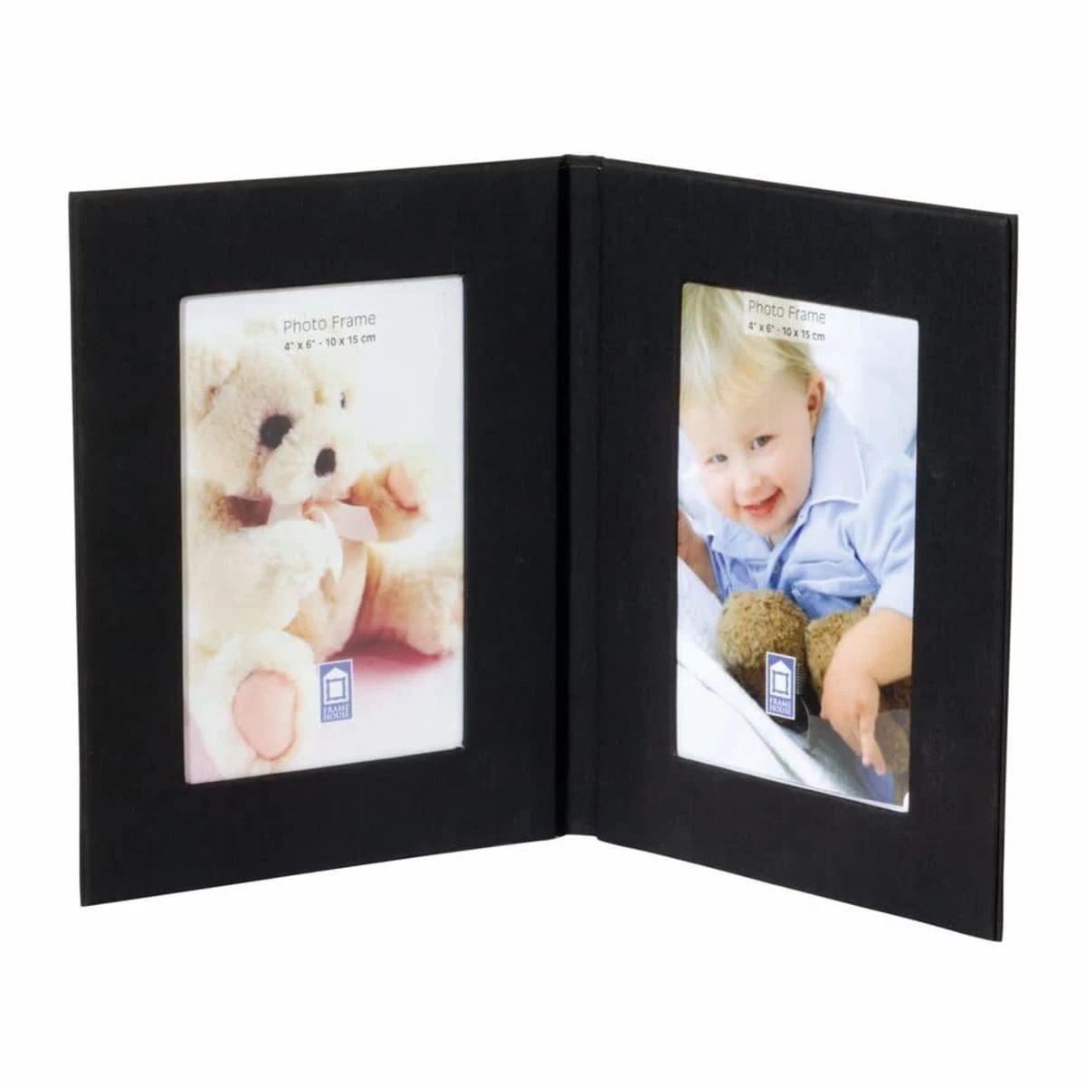 D304.jpg A black double photo frame displaying two pictures. The left frame contains an image of a teddy bear, while the right frame shows a smiling child wearing a blue shirt, holding a teddy bear.