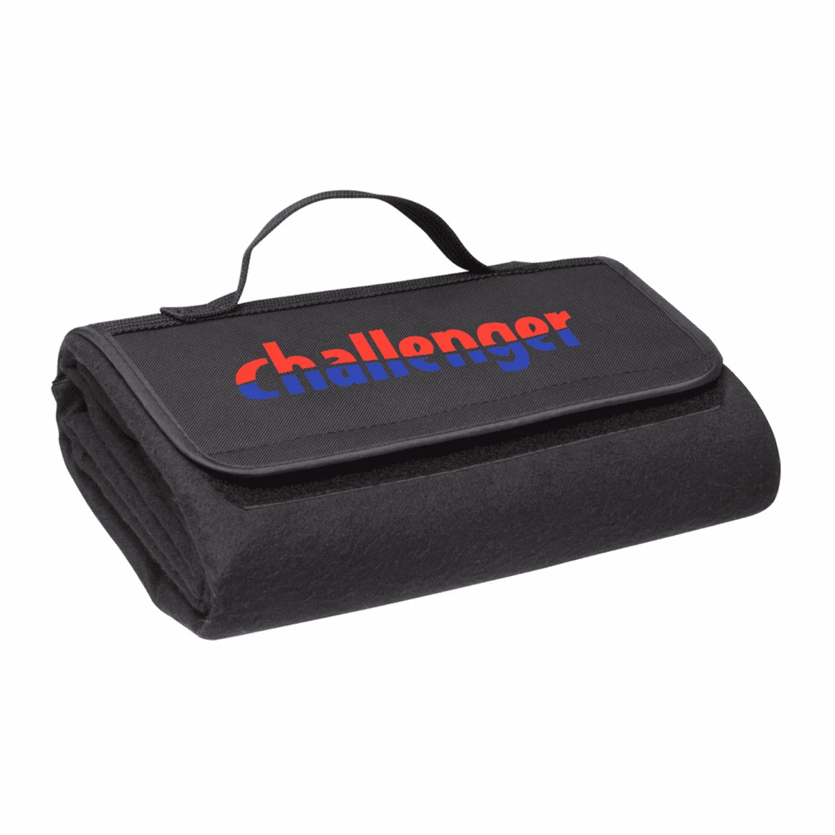A folded black blanket with a carrying handle on top. The flap displays the word Challenger in bold red and blue letters.