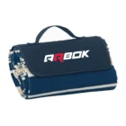 A rolled-up blue and white striped blanket with a black flap featuring a handle and the ARBOK logo in white and red.
